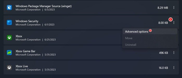 Clicking on "Advanced options" next to Windows Security. under "Apps & features."
