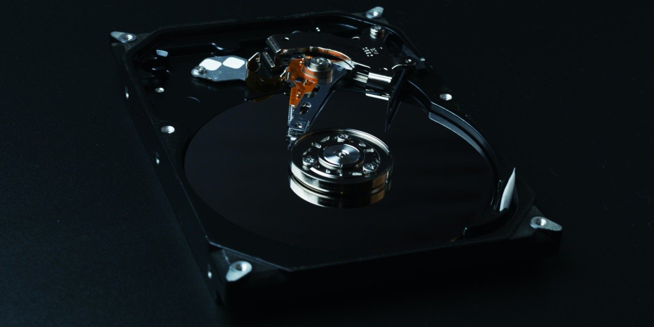 A photograph of the internal mechanisms of a hard drive.