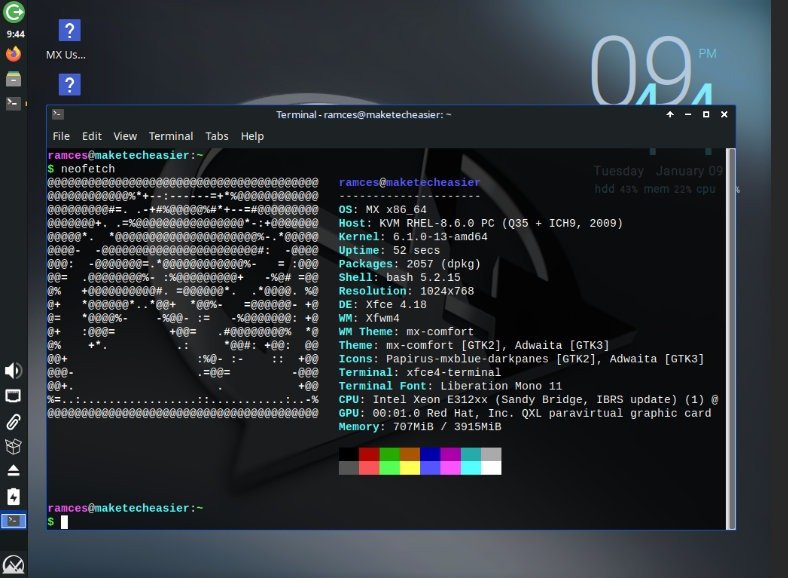 Mx Linux Review About A screenshot showing an example MX Linux desktop.