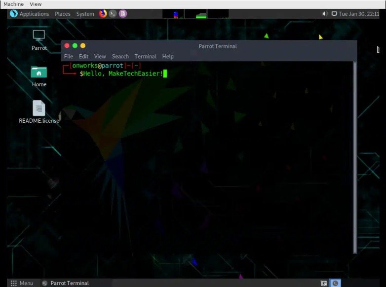 A screenshot showing the ParrotOS distro running under Onworks.