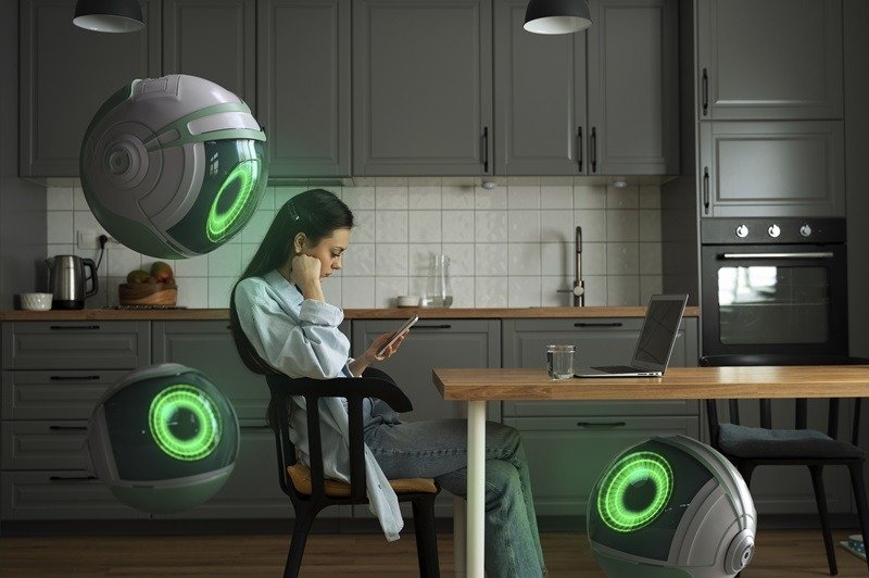 Woman being surveilled by AI robots.