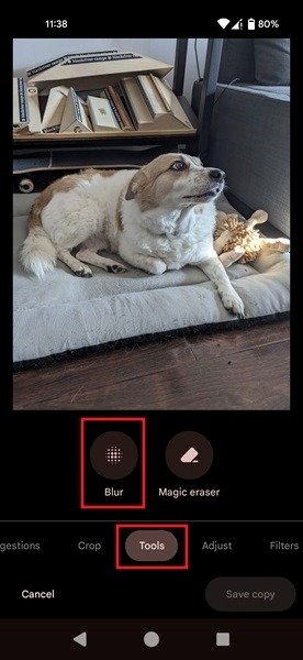 Selecting Blur from Tools menu in Google Photos app.