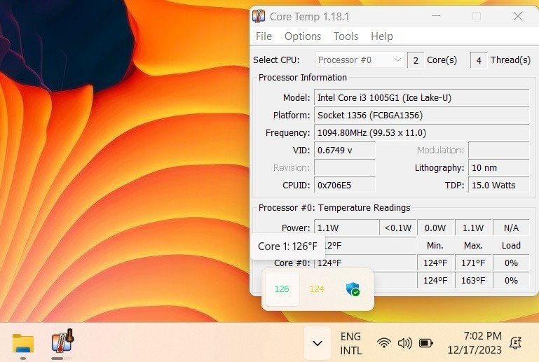 laptop-temperature-core CPU core temperatures displayed on Windows 11 system tray using Core Temp app.