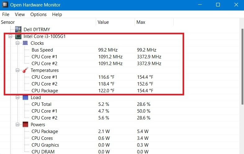 laptop-temperature-open-tray CPU core temperature measurement using Open Hardware Monitor.