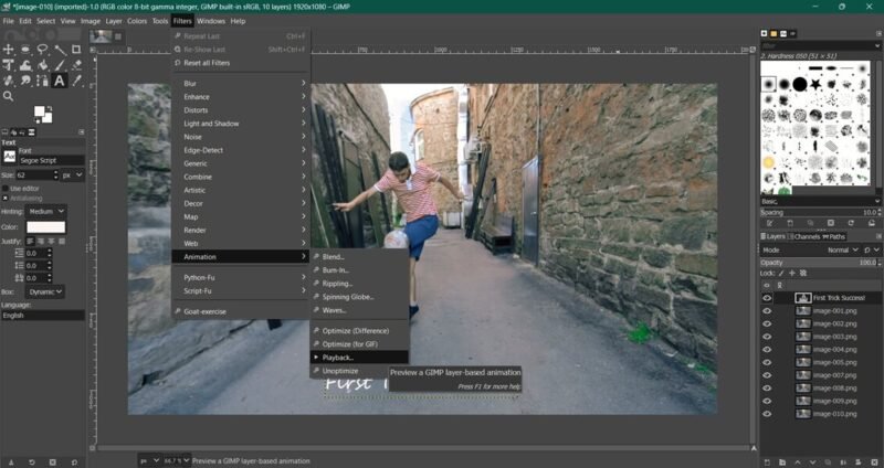 Opting for the playback option for GIF in GIMP program.