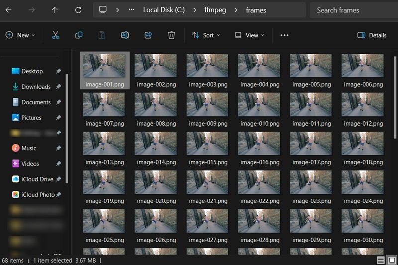 Frames folder view in "C:\" drive.