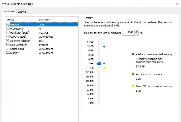 VMware virtual machine settings