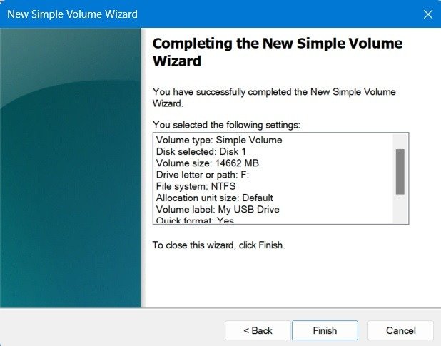 Format Simple Volume Wizard Finish the simple Volume Wizard for USB drive in Disk Management console.