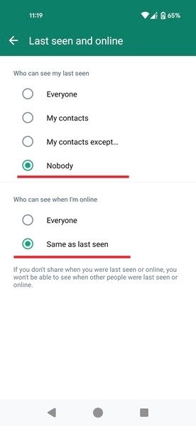 Tweaking settings for "Who can see my last seen" and "Who can see when I'm online" in WhatsApp for Android.