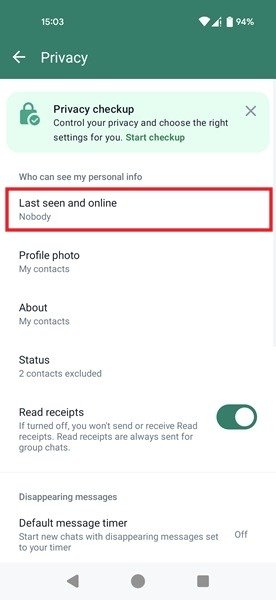 Selecting "Last seen and online" option in Privacy menu in WhatsApp for Android.