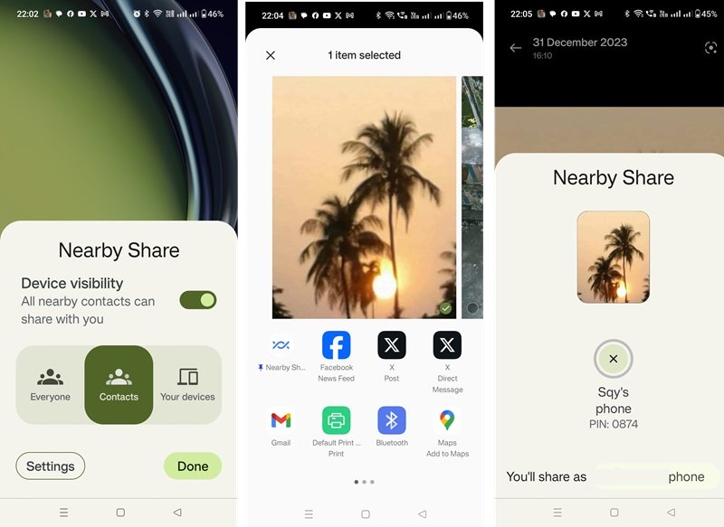 The step-by-step process of how Nearby Share works on an Android phone to transfer files.