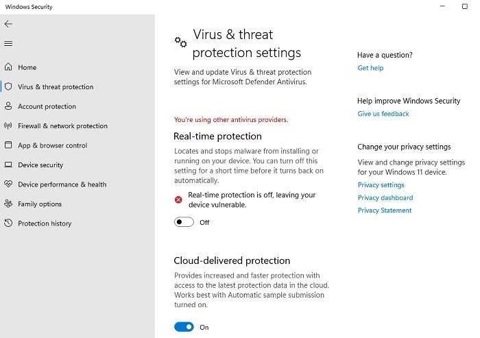 Turning off real-time protection in Windows 11
