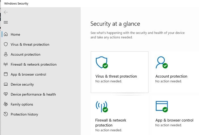 Virus and threat protection window in Windows Security