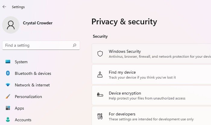 Windows Privacy & security settings window.
