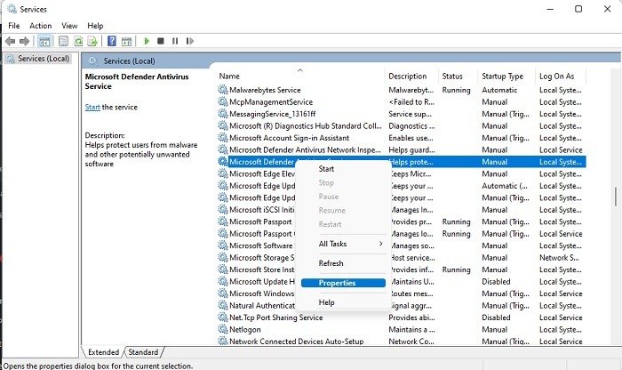 Selecting Microsoft Defender properties in Services