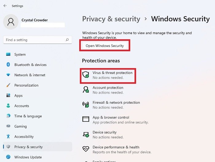 Opening Windows security to turn off tamper protection