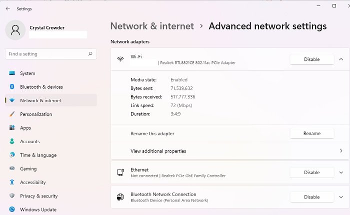 Using Advanced network settings to view network adapters in Windows.