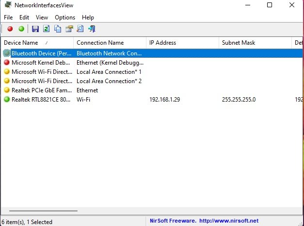 List of network adapter statuses in NetworkInteracesView tool.