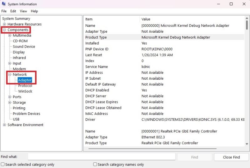 Using System Information tool to view network adapter details in Windows.