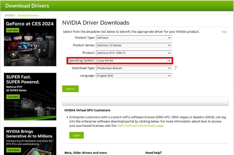 A screenshot showing the operating system dropdown box for Linux support.