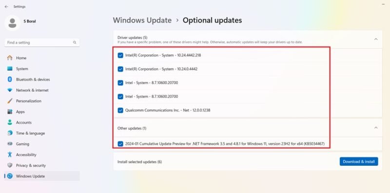Installing optional updates in Windows 11 for January 2024.