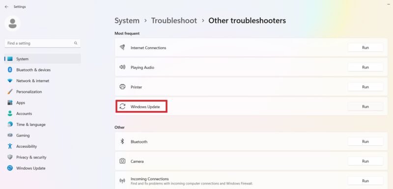 Windows Update troubleshooter in Settings.
