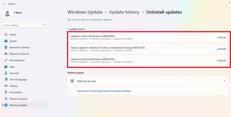 Uninstalling January 2024 updates.