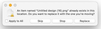 An item with that same name already exists in this location error message with options to Skip, Stop, or Replace.