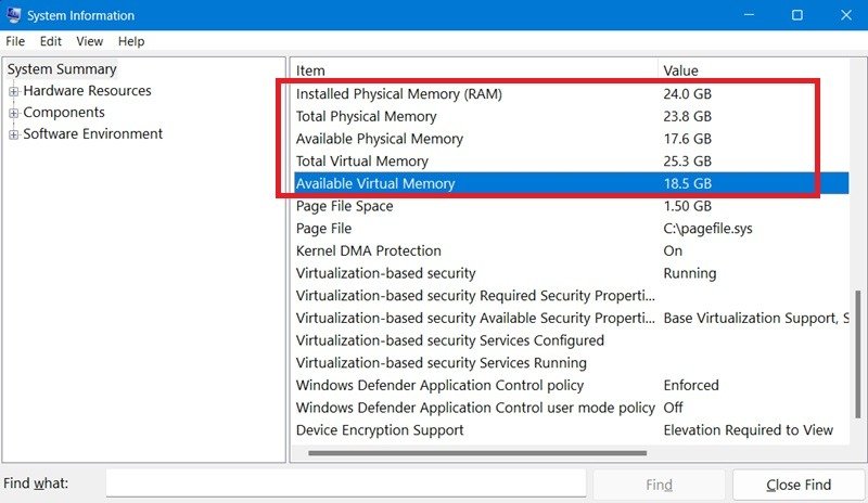 Windows device "System Information" including memory details viewed from "MSinfo32" command.