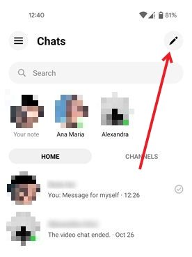 Tapping on pencil icon in Facebook Messenger app for Android.