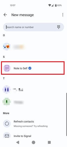 Tapping on the "Note to Self" option in Signal app for Android.