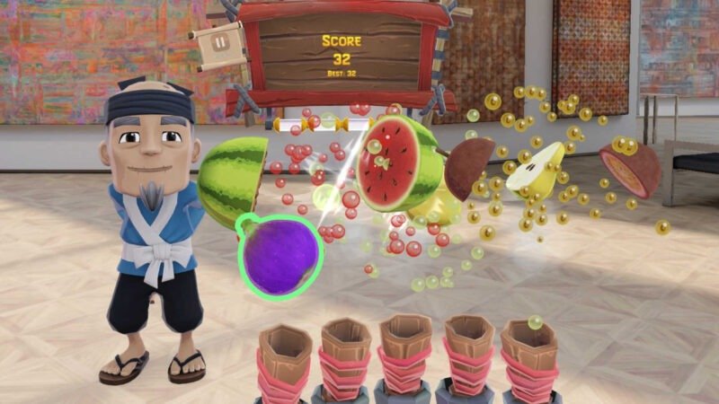 A screenshot from the Super Ninja Pro game. Range of fruit like watermelons and pears being slashed.