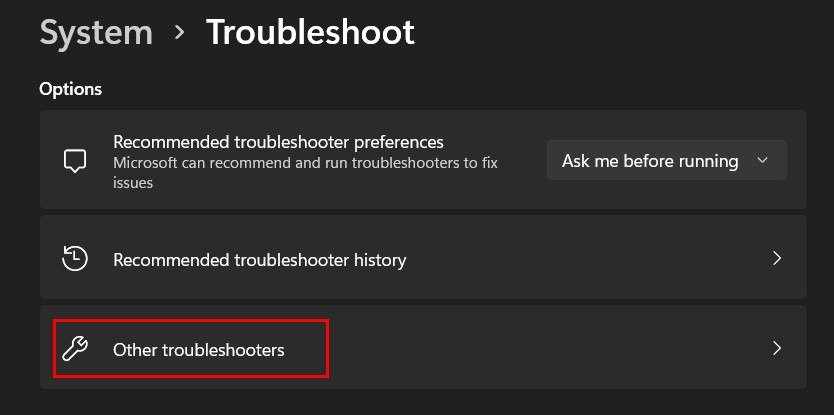 Clicking on "Other troubleshooters" option under System in Settings.