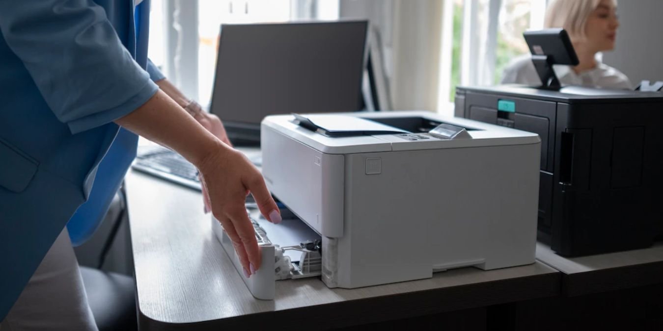A person using a printer placed on top of a desk