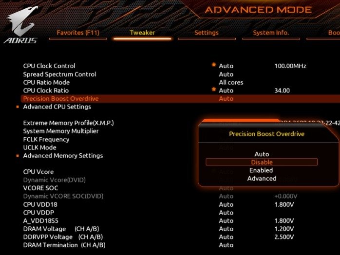 BIOS overclock PBO disable