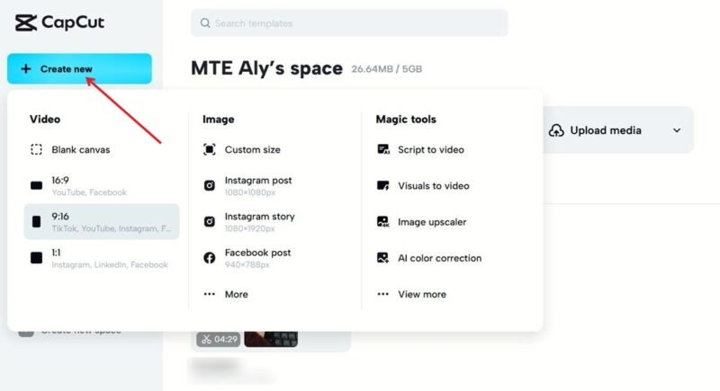 Clicking the "Create new" button in CapCut web version.