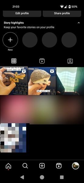 Profile Reels grid view with Reel text cut off.