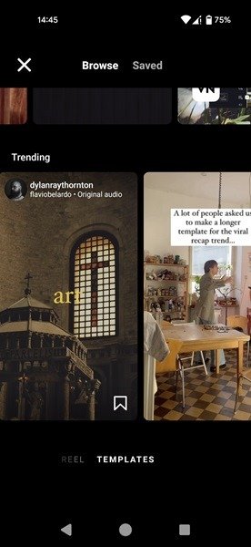 Trending Reel templates are available in the Instagram app.