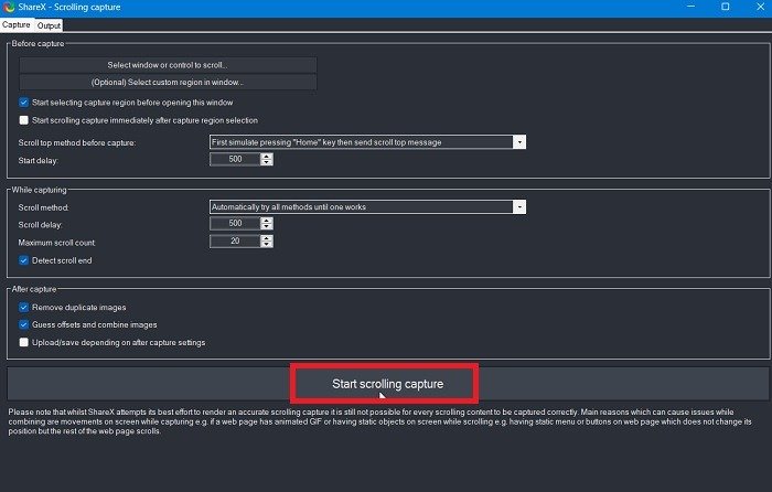 Scrolling Screenshots Windows Apps Sharex Start Scrolling Capture