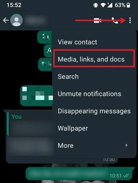Clicking on "Media, links and docs" option in WhatsApp for Android.