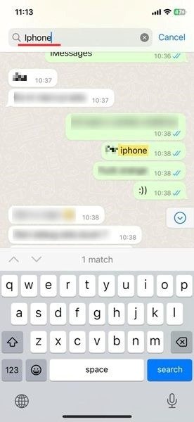 Searching for keyword in WhatsApp for iOS.