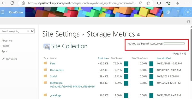1024 GB free storage limit in OneDrive for Business account