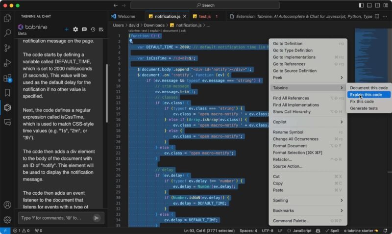 Tabnine Explaining Javascript Code