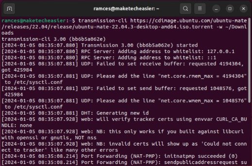 transmission-cli-download-torrent-url A terminal showing Transmission CLI running with a custom download directory.