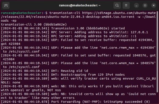 transmission-cli-download-encryption A terminal showing Transmission CLI downloading a torrent with the -ep flag on.