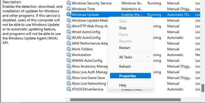 Bringing up context menu for "Windows Update" service.