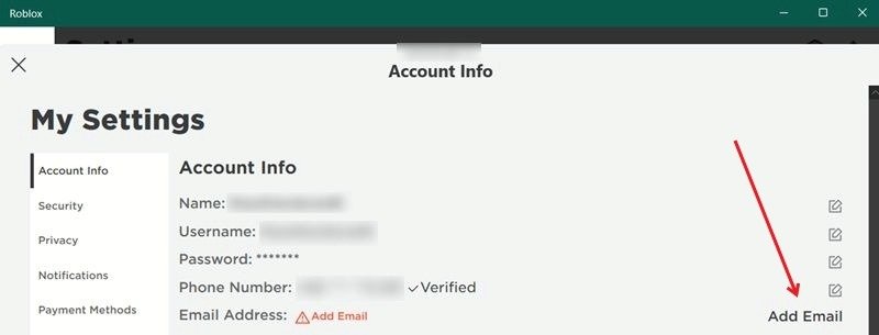 Clicking on "Add email" option in Roblox app for desktop.