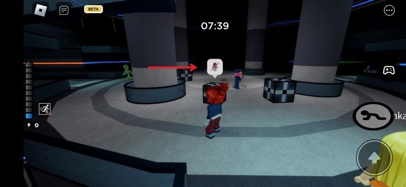 Tapping on voice chat icon during Roblox game in mobile app.