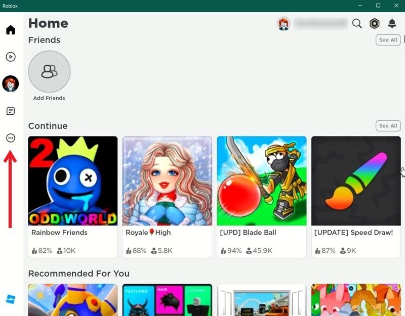 Clicking three dots in Roblox desktop app.
