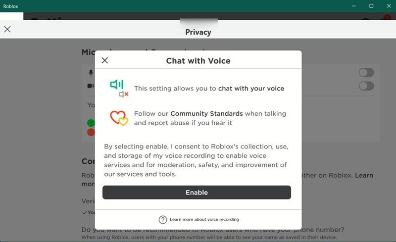 Clicking on "Enable" button in Chat with Voice pop-up.